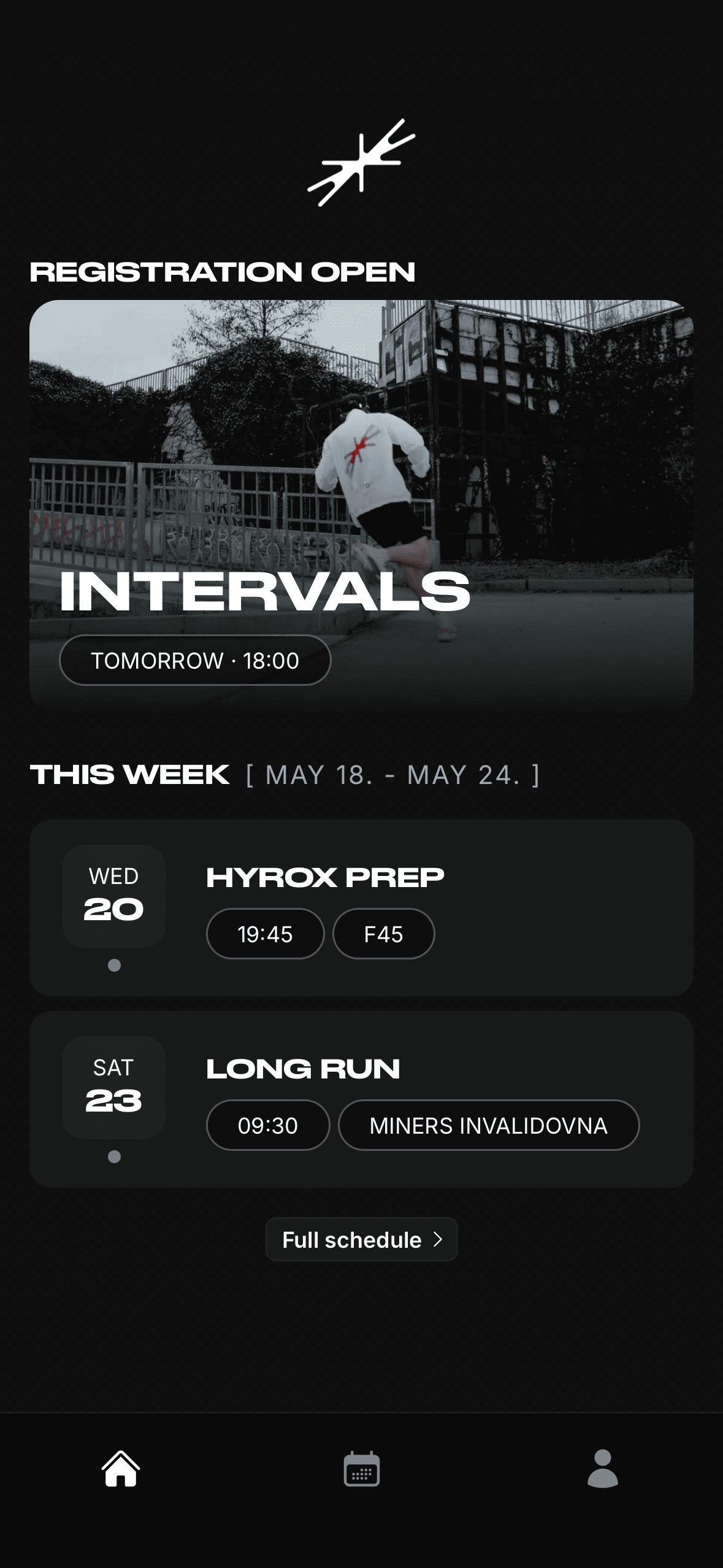 UTD App — Home screen showing upcoming sessions and weekly schedule